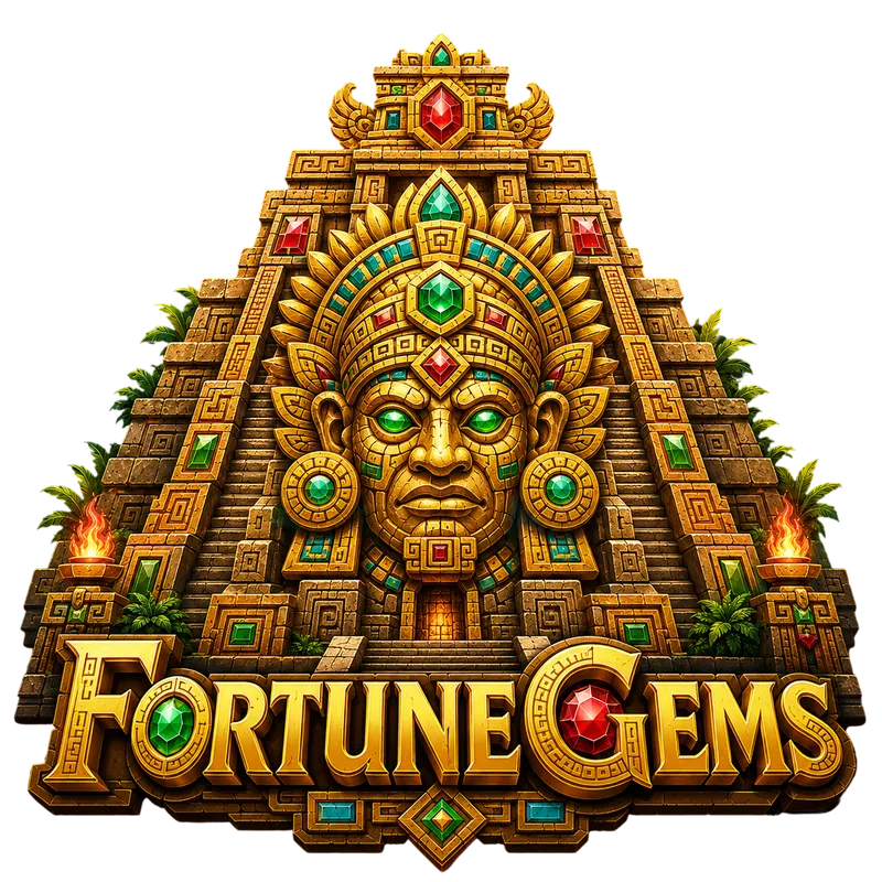Mayan-style casino logo with golden pyramid, mask, coins, and green gemstones