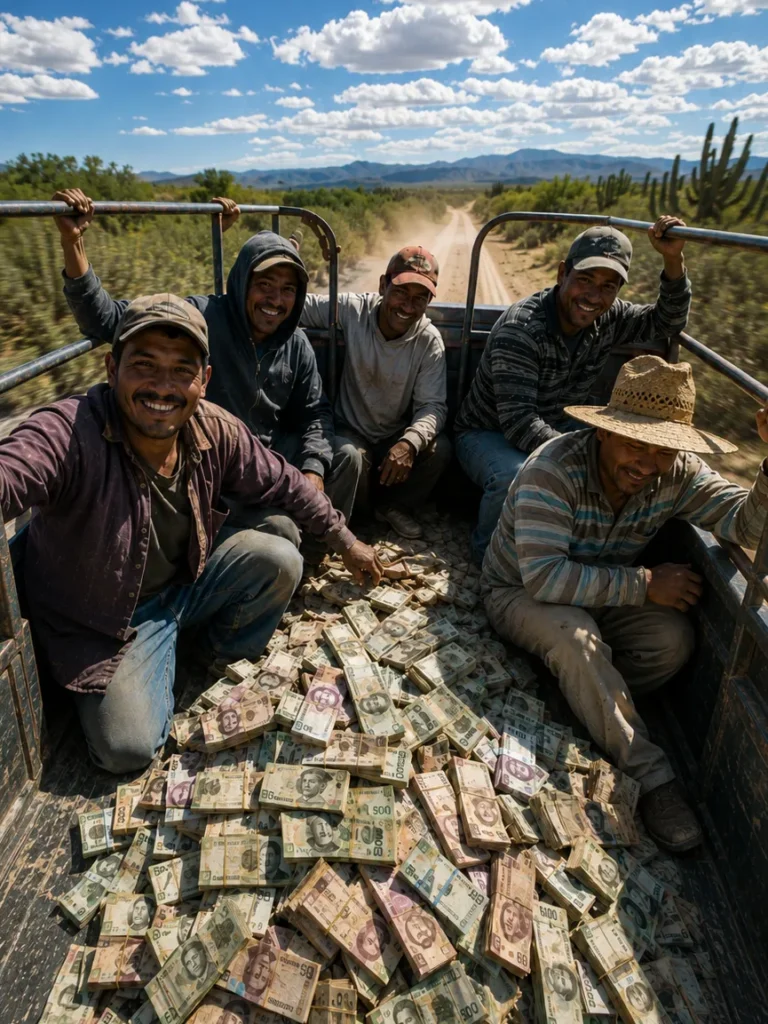 Retiros en Fortune Gems México con trabajadores viajando en camioneta y dinero en efectivo