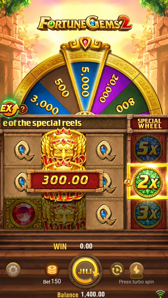 Pantalla de Fortune Gems 2 México con rueda especial, multiplicador 2x y pago de 300